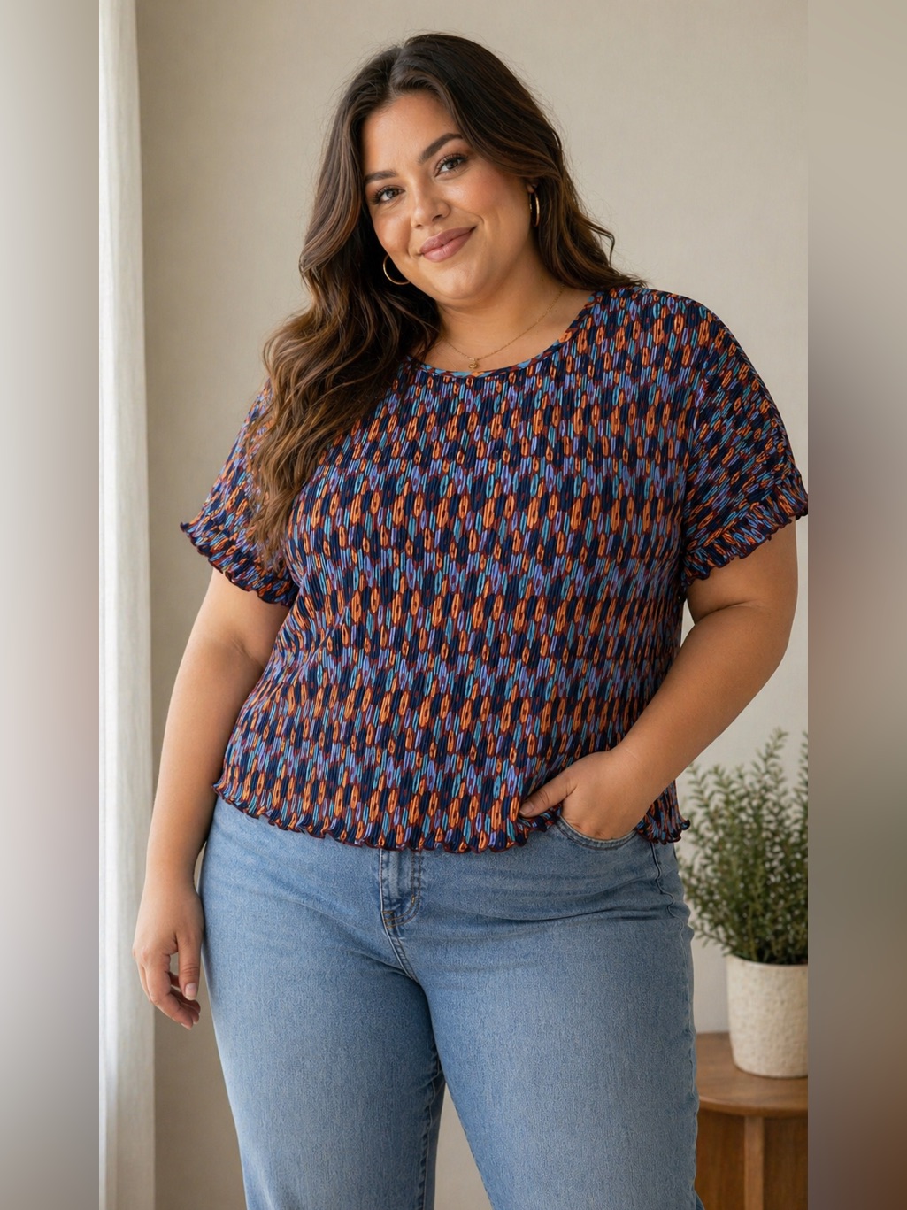 Wildfang Blue & Orange Empower Plisse Boxy Pleated Short-Sleeve Blouse